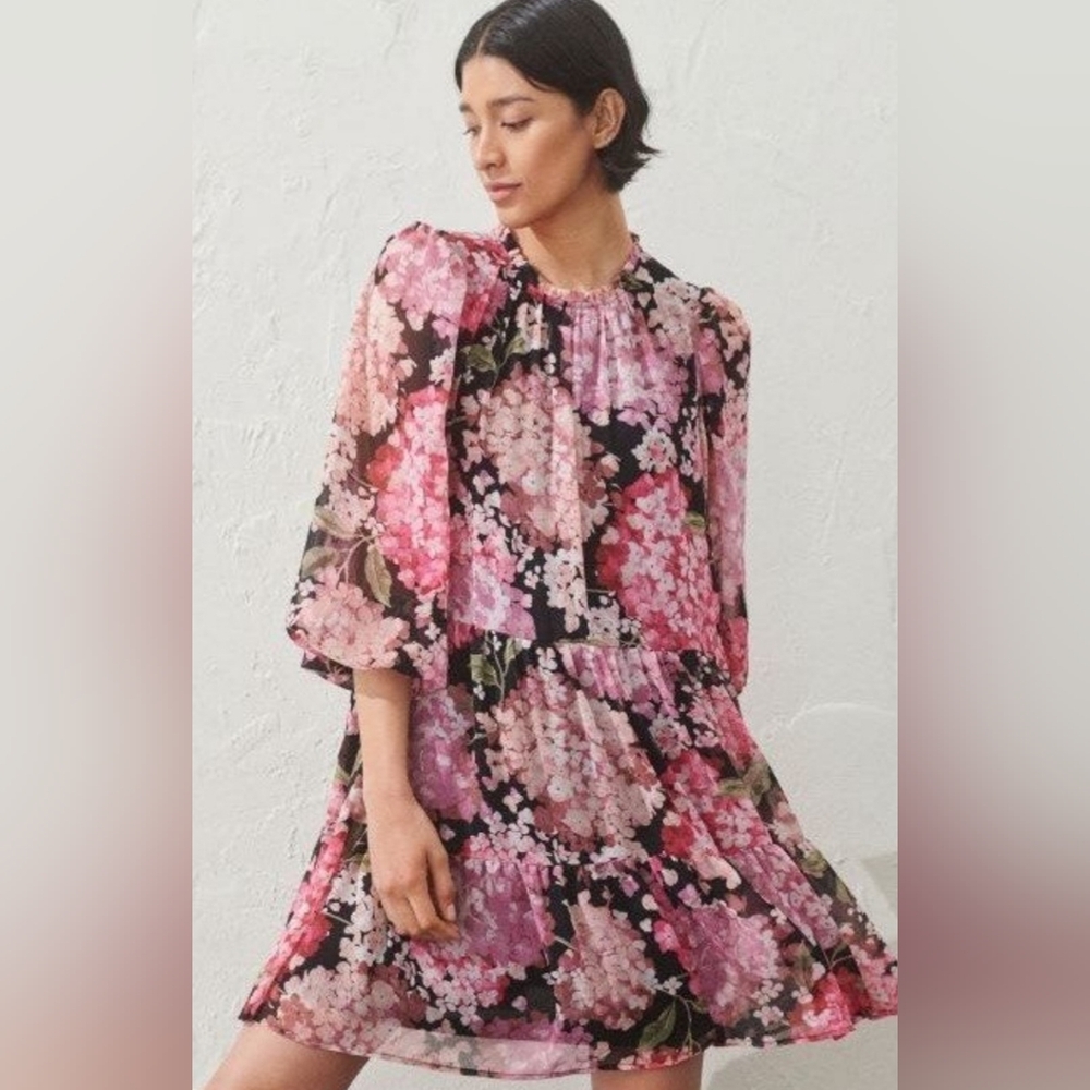 H&M Pink and Black Floral Long Sleeve Dress
